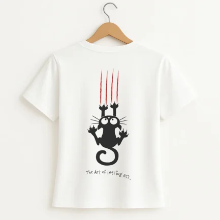Cat holding on white t-shirt